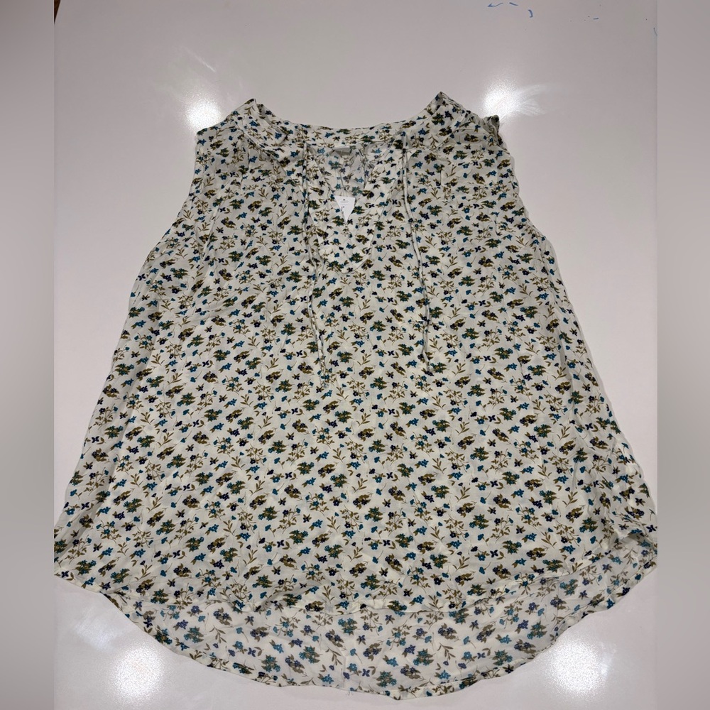 Sleeveless Floral Tie-Neck Blouse - Cream with Blue & Green